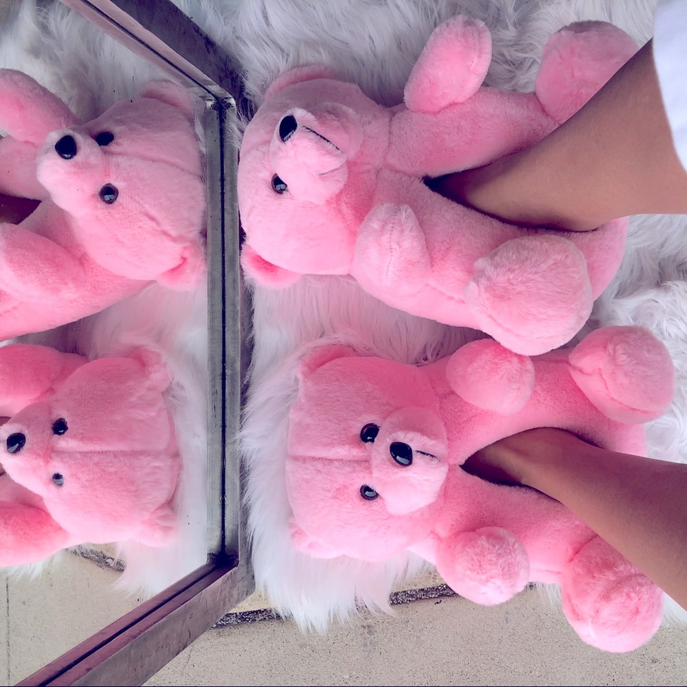 Pink Teddy Bear Plush Indoor Outdoor Slippers - Picture 3 of 11